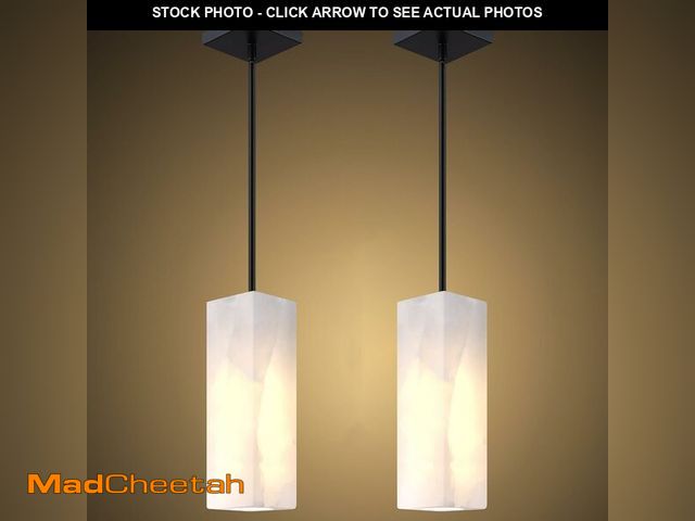 Lot 74-13040538 - Natural Alabaster Square Marble Hanging Kitchen Island Modern Industrial Farmhouse Pendant Ceiling L...