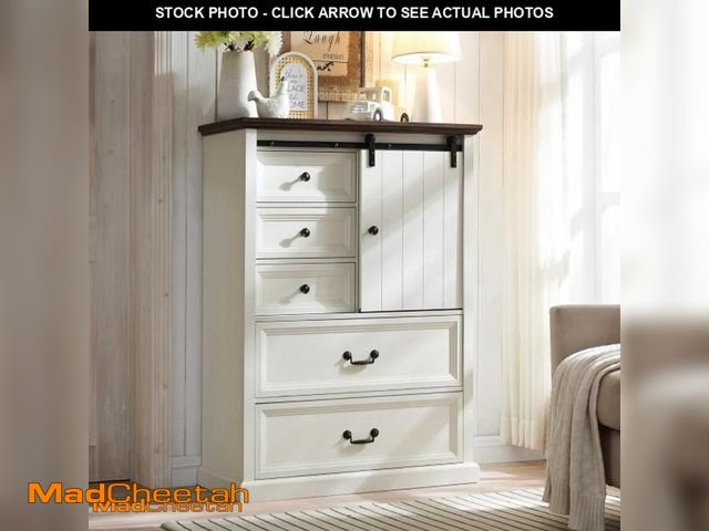 Lot 74-12009159 - IFGET Farmhouse 5 Drawers Dresser for Bedroom, 47" Tall Chest of Drawers w/Sliding Barn Door, Rustic...