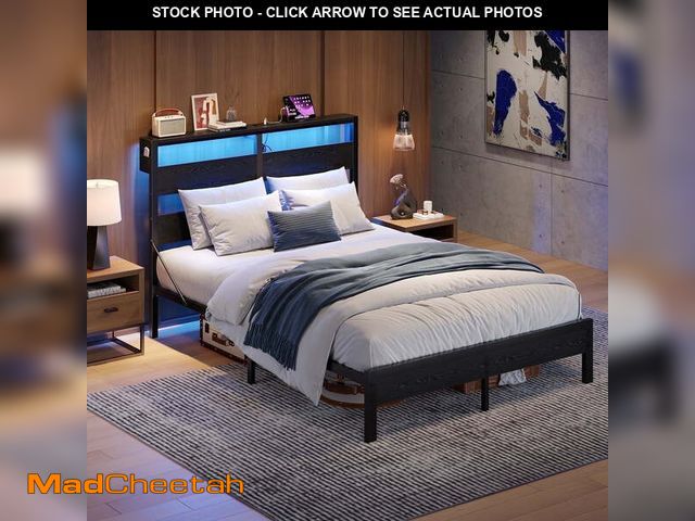 Lot 74-12679484 - Bestier Queen Size Platform Bed Frame with Storage Headboard, LED Lights &amp; USB Charging Station,...