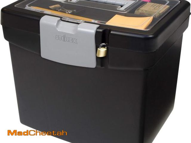 Lot 74-12510523 - Storex Portable File Box with Organizer Lid - Plastic Office File Storage Box for Letter Paper and H...