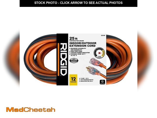 Lot 74-14223371 - RIDGID 25 ft. 12/3 Heavy Duty Indoor/Outdoor Extension Cord with Lighted End, Orange/Grey - UNUSED