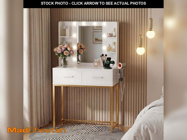 Lot 74-14323114 - Homall Vanity Desk with Mirror, Power Outlet &amp; LED Lights, Makeup Vanity Table with 2 Drawers &a...