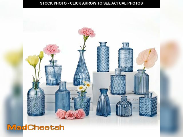 Lot 74-14204978 - 12 Pcs Blue Bud Vases Set, Armber Small Vintage Glass Clear Bud Flower Vases Bulk Multiple Shape Cut...