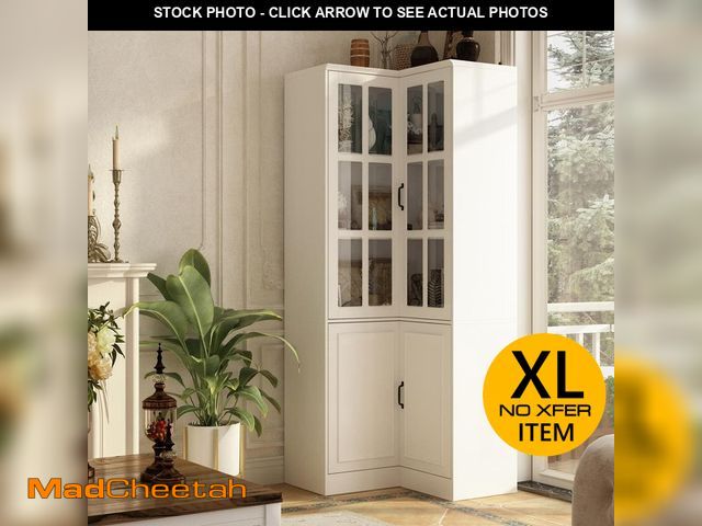 Lot 74-13690933 - FUFU&amp;GAGA 78.9 in. H White Wooden Corner Accent Storage Cabinet with Adjustable Shelves, Tempere...