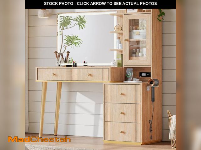 Lot 74-12395191 - LINSY Wood Vanity with Glass Top, Make Up Vanity Desk with Mirror and Lights, Boho Fluted Vanity wit...