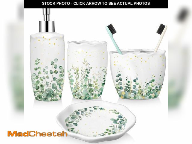 Lot 74-14211816 - Newtay Sage Bathroom Accessories Set 4 Piece, Ceramic Soap Dispenser with Pump, Toothbrush Holder, T...