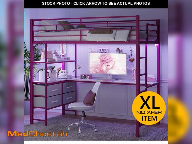 Lot 74-12670753 - Ktaxon Twin Loft Bed with L Shaped Desk, Bed Frame with LED Light and Charging Station, Bedroom Spac...