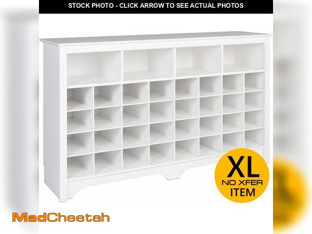 Lot 74-13075643 - Prepac White Console Table, Shoe Cabinet, Storage Cabinet with 32 Shoe Cubbies and 4 Large Storage C...