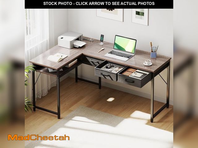 Lot 74-12514762 - 48 inch L Shaped Computer Desk with Drawers, Corner Desk with Power Outlets &amp; Reversible Storage...