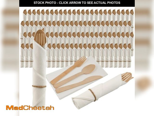 Lot 74-14301116 - Pre Rolled Napkin and Bamboo Cutlery Set - 100Pack Bamboo Utensils/Compostable Cutlery(100 Forks, 10...