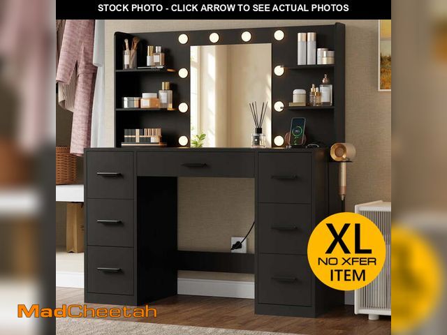 Lot 74-14311061 - Lacoo Vanity Desk with Mirror and LED Lights, Makeup Vanity with 7 Drawers &amp; 4 Shelves, Vanity T...
