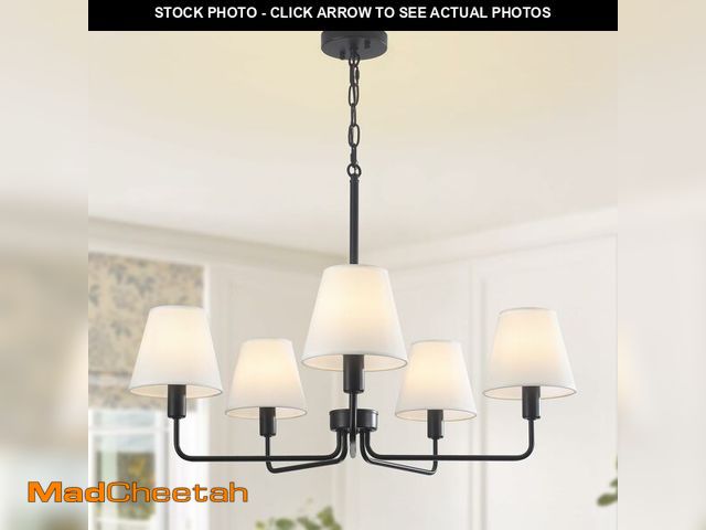 Lot 74-13621091 - 29.52" Black Farmhouse Chandelier with Fabric Shade, 5-Arm Vintage Modern Dining Room Light Fixture,...