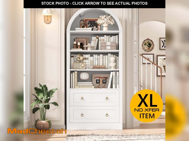 Lot 74-13815821 - (SOME DAMAGE) Hiphuta 70"Tall Arched Bookcase, 4-Tier Bookshelves with 2 Large Drawers, Wooden Displ...