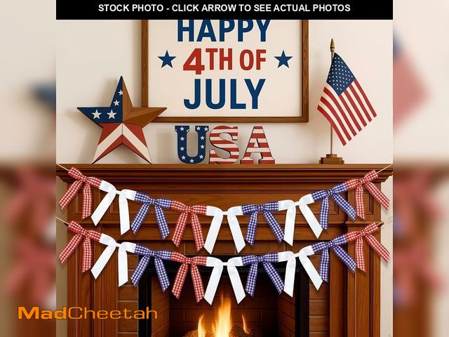 Lot 74-14213032 - Riceshoot 2 Pcs 4th of July Bow Garland Banner, 6.6 ft Red White Blue Plaid Patriotic Bow Garland, 2...