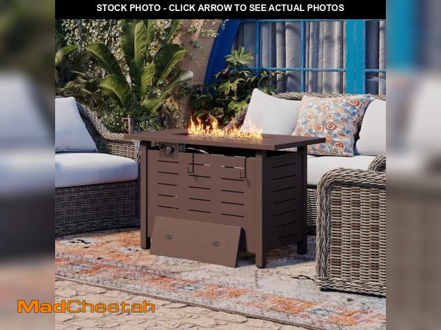 Lot 74-12463148 - Sizzim Brown 40 in. Metal Rectangular Propane Gas Fire Pit Table with Lid, Volcanic Rock, and Waterp...