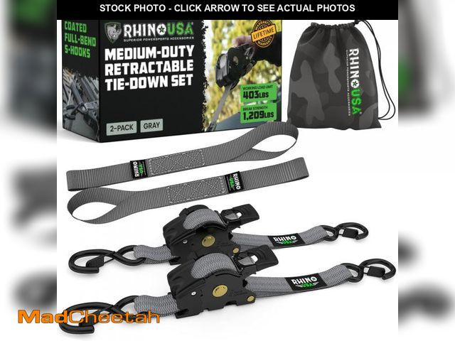 Lot 74-11556041 - Rhino USA Retractable Ratchet Straps (2-Pack) - 1 Inch x 10 Feet (1,209lb Break Strength) - Heavy Du...