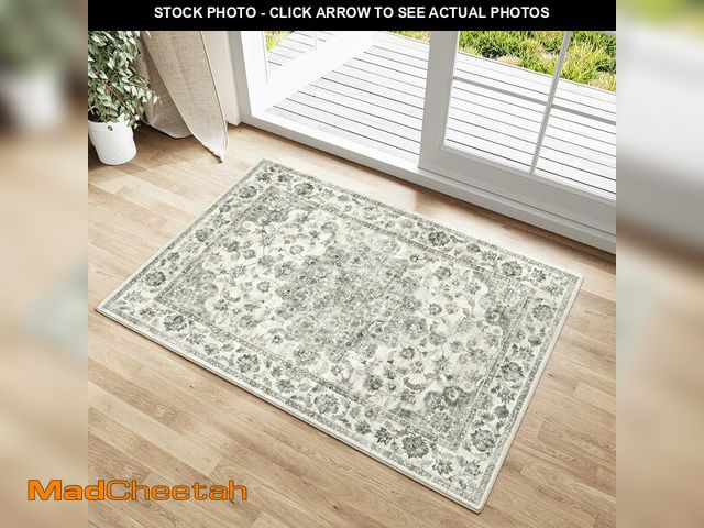 Lot 74-14386917 - WondRg 2x3 Washable Neutral Area Rug Green Vintage Entryway Kitchen Carpet Non-Slip Soft Low Pile Fa...