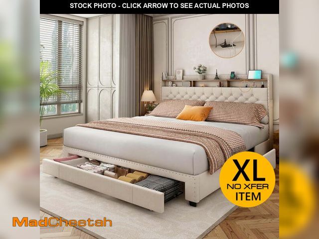 Lot 74-12831994 - (MISSING HARDWARE) DEYGIA King Size Bed Frame with 3 Drawers, 2-Tier Storage Headbord, Bed Frame wit...