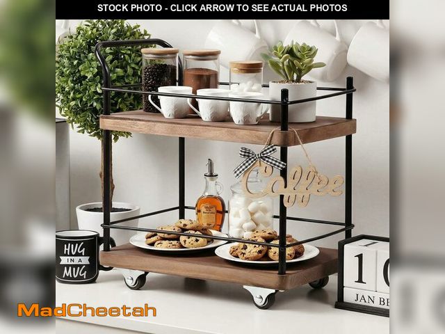 Lot 74-14153762 - Thyle Mini Wood Coffee Bar Cart with Rotating Wheels 2 Tier 11 x 11 Inch Vintage Kitchen Serving Car...