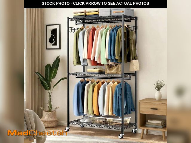 Lot 74-14352992 - UNTIMATYI Rolling Double Rods 3-Shelf Clothes Rack with Wheels and Side Hooks Heavy Duty Garment Rac...