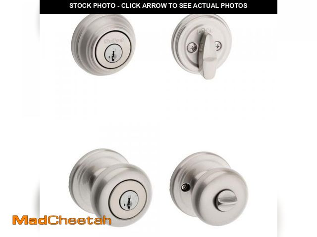 Lot 74-12401282 - Kwikset Juno Satin Nickel Exterior Entry Door Knob and Single Cylinder Deadbolt Combo Pack Featuring...
