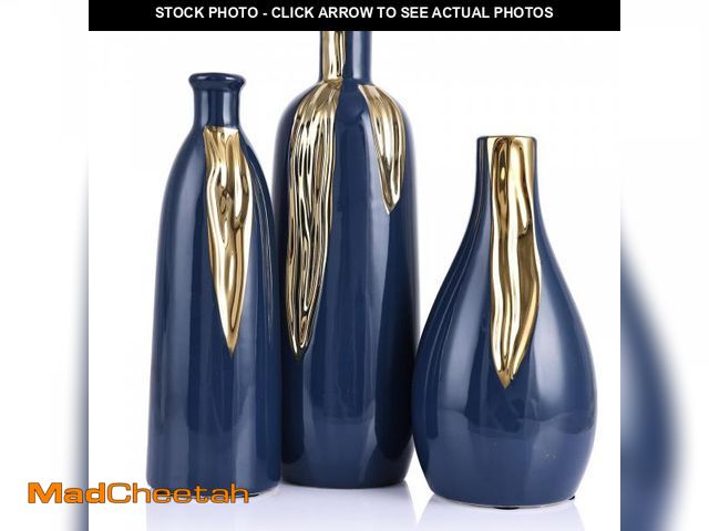 Lot 74-12433778 - Blue and Gold Vase Set of 3, Modern Ceramic Decorative Vases for Living Room, Bedroom, Art Decor, Ma...