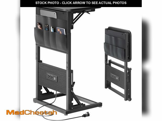 Lot 74-12701675 - HLDIRECT C Shaped End Table with Charging Station, Couch Side Table with Storage Bag, Height-Adjusta...