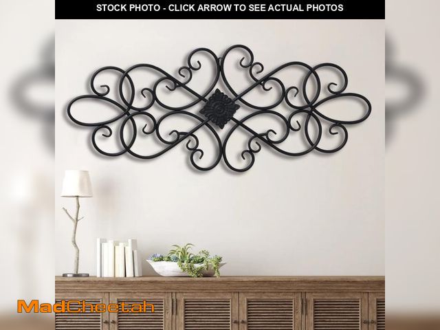 Lot 74-12402034 - Sintosin Farmhouse Black Wrought Iron Wall Decor 32" x 13", Hanging Flower Plaque Scroll Metal Wall ...