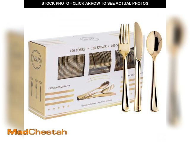 Lot 74-12310633 - N9R 300PCS Gold Plastic Silverware, Heavy Duty Gold Plastic Cutlery Set Disposable Flatware Dinnerwa...