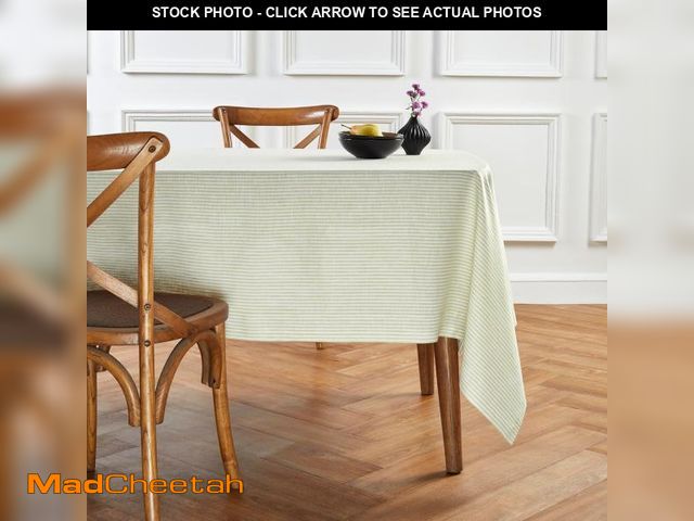 Lot 74-11909797 - Solino Home Linen Tablecloth 60 x 108 Inch - Narrow Stripe 100% Pure Linen Sage and White Table Clot...