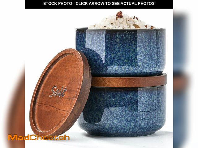 Lot 74-12970677 - Chubacoo Ceramic Salt and Pepper Bowls: 9 oz Stackable Spice Cellars with Wooden Lids - Stacked Seas...