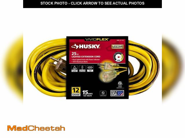Lot 74-13799851 - NOB, Husky VividFlex 25 Ft. 12/3 Heavy Duty Indoor/Outdoor Extension Cord with Lighted End, Yellow -...