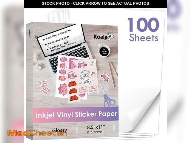 Lot 74-14298845 - Koala Printable Vinyl Sticker Paper for Inkjet Printers - 100 Sheets Glossy White Water-Resistant Ad...