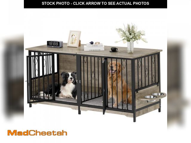 Lot 74-12105305 - YITAHOME 71" Double Dog Crate Furniture with Divider, Wooden Large Dog Kennel with Flip-Top&amp;4 Ro...
