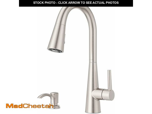 Lot 74-13733939 - Pfister Barulli Kitchen Faucet with Pull Down Sprayer and Soap Dispenser, Single Handle, High Arc, S...