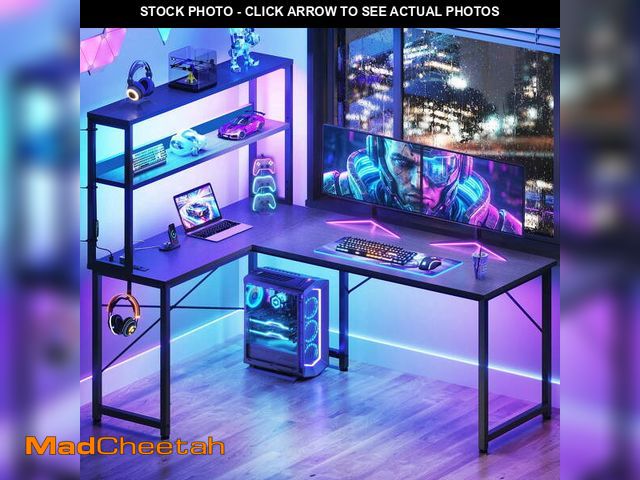 Lot 74-13766604 - Reversible Display Shelf Gaming Desk with LED Lights &amp; Power Outlets, 53 inch L-Shaped Computer ...