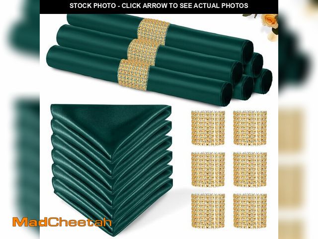 Lot 74-14266899 - Eychei 100 Pack Dark Green Satin Napkins and Napkin Rings Set, 12 x 12 Inch Silky Soft Cloth Napkins...