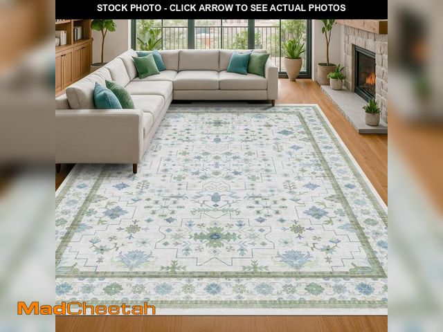 Lot 74-12398859 - Blue and Green Living Room Rug 8x10 - Cream Oushak Vintage Boho Floral Farmhouse, Washable Low Pile ...
