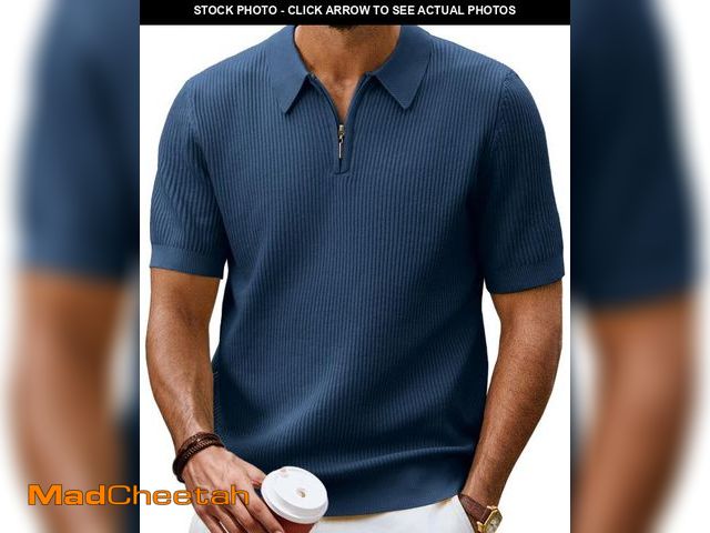 Lot 74-12157039 - PJ PAUL JONES Men's Knitted Polo Shirt Short Sleeve Quarter Zip Shirts Lightweight Ribbed Polos Navy...