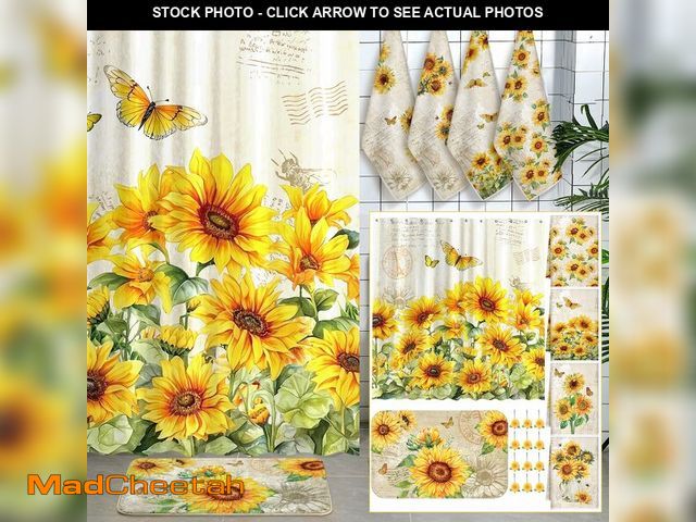 Lot 74-14380558 - Fourluoo 18 Pcs Sunflower Shower Curtain Set Sunflower Butterfly Shower Decor Fabric Bathroom Decor ...