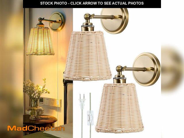 Lot 74-13550455 - XIFEINIU Rattan Wall Sconce Plug in, Hand-Woven Wicker Lampshade Wall Sconces Set of Two, Indoor Wal...