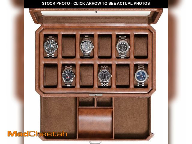 Lot 74-14271914 - ROTHWELL 12 Slot Leather Watch Box with Valet Drawer - 12 Slot Luxury Watch Case Display Organizer, ...