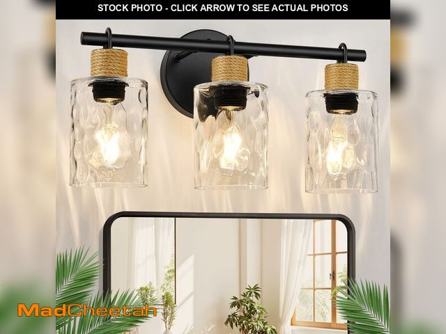 Lot 74-12599511 - 2025 Upgrade Bathroom Light Fixtures, 3-Light Coastal Vanity Lights with Crystal Glass Shade, Black ...