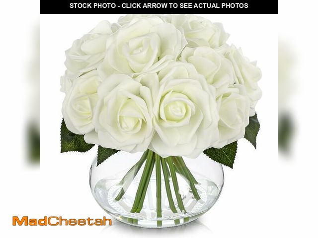 Lot 74-14268197 - Hollyone White Roses Artificial Flowers in Vase Silk Fake Rose Bouquet Flowers Floral Arrangements w...