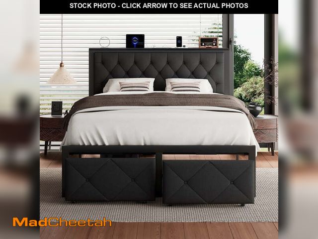 Lot 74-12649192 - iPormis Queen Bed Frame with 2 Drawers, Metal Platform Bed with Charging Station and Linen Fabric St...