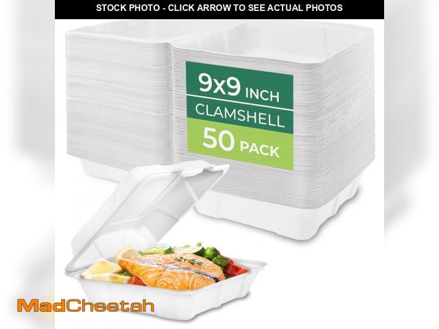 Lot 74-12114766 - Freshware Compostable 9x9" Clamshell Take Out Food Containers [50-Pack] - Biodegradable Sugarcane To...