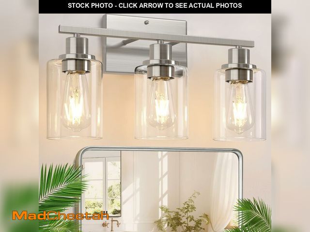 Lot 74-13950854 - Indoi 3-Light Bathroom Light Fixtures, Brushed Nickel Vanity Lights with Clear Glass Shades, Modern ...