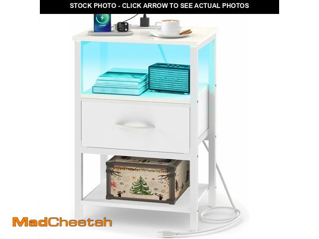 Lot 74-14261866 - Yoobure White Night Stand with Charging Station, LED Nightstand for Bedroom, Bedside Tables with Adj...
