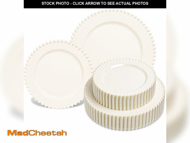 Lot 74-14148484 - HOMIP 50PCS Ivory Plastic Plates - Fancy Beaded Plates Disposable, Elegant Plates for Party, Wedding...