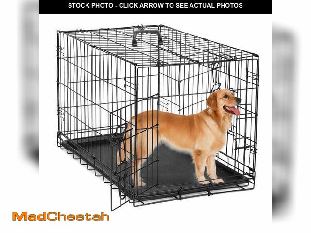 Lot 74-13780744 - EDX Large Dog Crate with Divider Panel, 42" Double Door Folding Metal Wire Dog Cage with Plastic Lea...